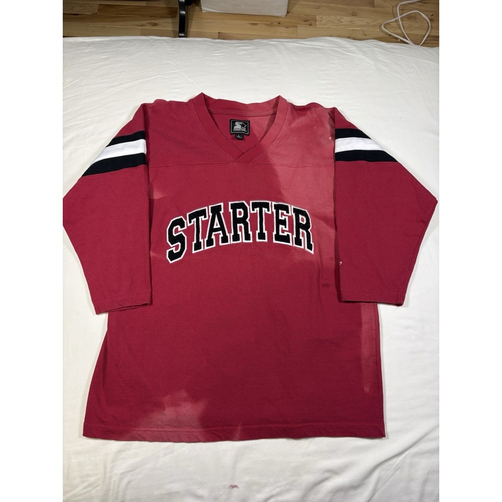 VTG 90s Starter Spell Out Long Sleeve Shirt Jersey Red Faded Distressed Large
